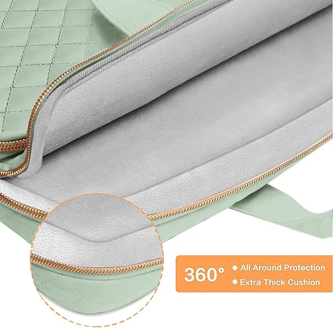 MOSISO 360 Protective Laptop Case 13.3 inch, 13-13.3 inch Laptop Sleeve Compatible with MacBook Air/Pro 13/Pro 14,HP Dell ASUS Lenovo, Square Quilted Bag Cover with 2 Pockets&Handle&Belt, Sage Green