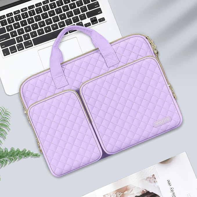 MOSISO 360 Protective Laptop Case 13.3 inch, 13-13.3 inch Laptop Sleeve Compatible with MacBook Air/Pro 13/Pro 14,HP Dell ASUS Lenovo, Square Quilted Bag Cover with 2 Pockets&Handle&Belt, Purple