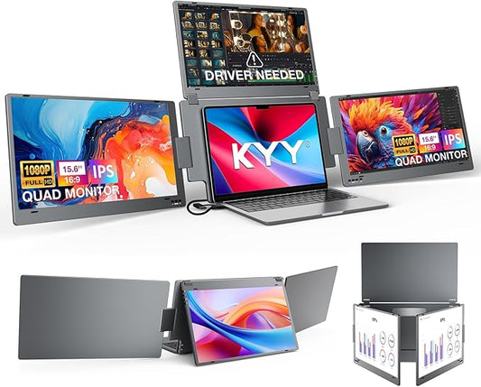 KYY Laptop Screen Extender for Laptop, 15.6" Quad Portable Monitor, 1080P Triple Screen Laptop Monitor Extender, One Cable Connection, Alloy Body, Auto Rotation, for 12–17.3” Laptops, X90G