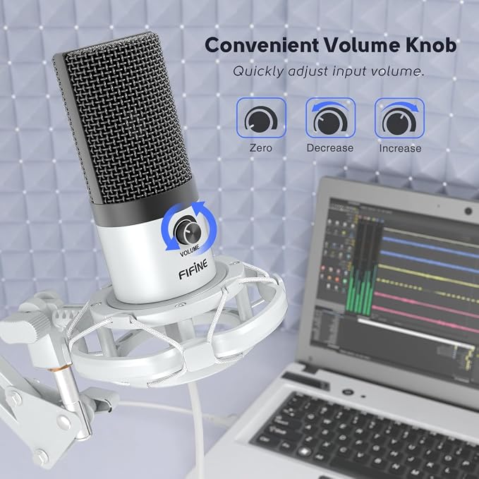 FIFINE USB Recording Microphone Kit, Studio Condenser Microphone for Vocals Music Creation, Voice-Over, Singing with Metal Boom Arm, 16mm Diaphragm, Podcast Mic Set-T669 White