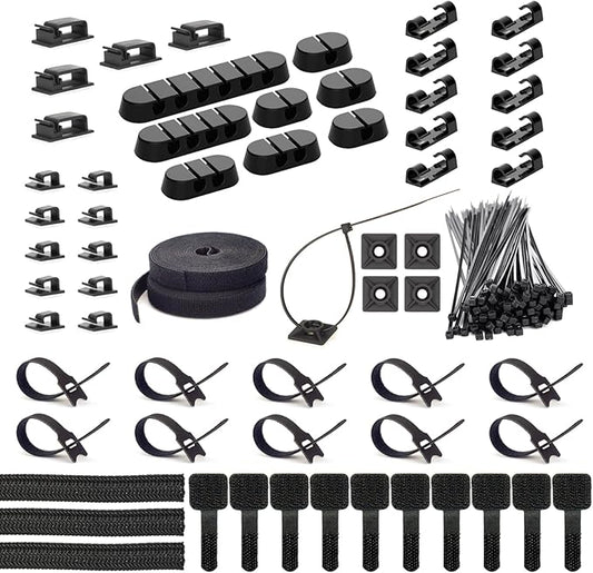 ZIIYAN 163 PCS Cable Management Kit, 3 Wire Organizer Sleeve, 8 Self Adhesive Cable Holder, 25 Cord Clips, 20+2 Roll Reusable Cable Straps and 100 Fastening Cable Ties for Computer TV Under Desk