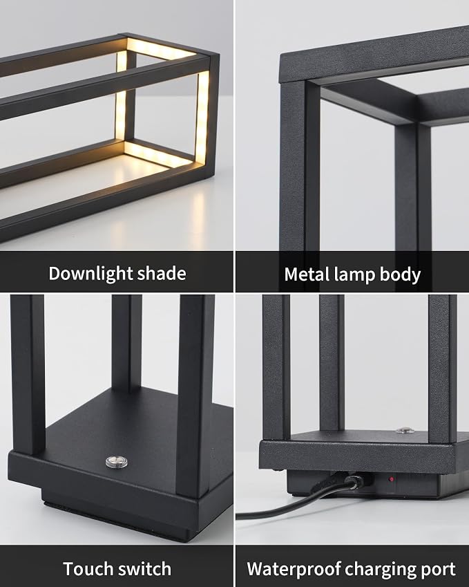PUSU Cordless Waterproof Table Lamps Set of 2, Black Outdoor Rechargeable 4000mAh Battery Operated Desk Lamp 2700K 3-Level Dimmable, Portable LED Lighting for Patio, Camping, Bedroom, Night Light