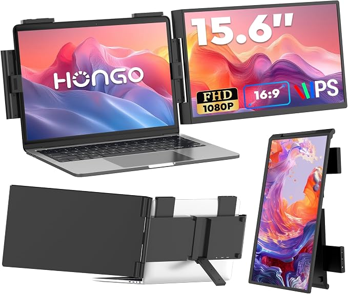 HONGO Laptop Screen Extender, 15.6" FHD 1080P Dual Monitor, Laptop Monitor Extender for 14"-16" Laptops, Second Screen with USB-C/HDMI Port, Plug n Play for Windows/Mac/Android/Switch/PS5