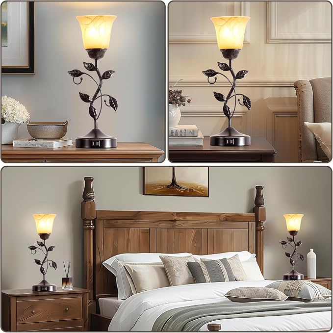 Set of 2 Touch Vintage Table Lamps with 2 USB Ports, 3-Way Dimmable Nightstand Flower Lamps, Amber Glass Shade Rustic Leaf Lamp for Living Room Bedroom, LED Bulb Included (Bronze)