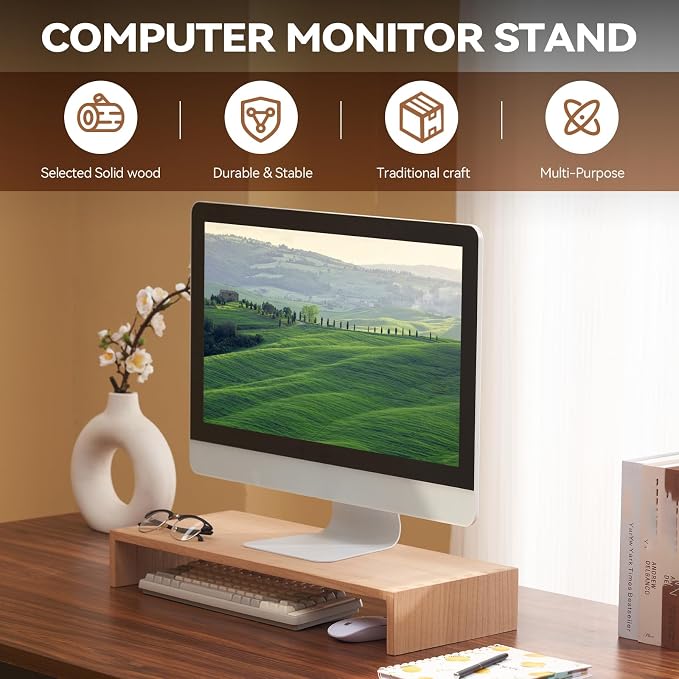 KIRIGEN Wooden Computer Stand - Monitor Arms, Laptop & TV Stand - Workspace Platform (59, Natural)