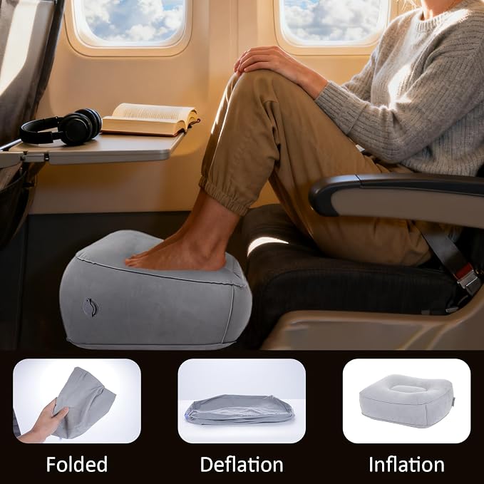 Inflatable Foot Rest for Airplane Travel & Office, Portable Leg Rest Pillow, Elevating Feet for Economy Flight, Home Desk, Car Use - Grey(2Pcs)