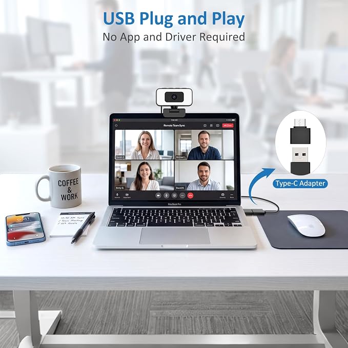 2K Webcam for Laptop, USB Web Camera with Light, Webcam with Microphone, 5X Zoom, Privacy Shutter, Anti-Disturb Backlight