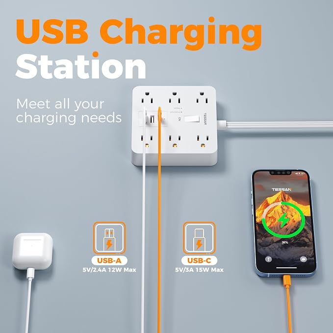 TESSAN 10Ft White Extension Cord with Multiple Outlets, Surge Protector Power Strip with 6 Outlets and 3 USB Ports (1 USB C), 1700 Joules Protection, Flat Plug, Outlet Extender for Home, Office, Dorm