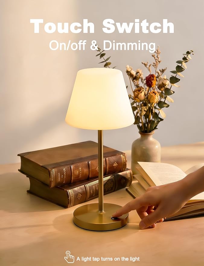 WEILAILUX Mini LED Cordless Table Lamp Rechargeable, 3000mAh Battery Operated Shower Lamp Waterproof, Touch Dimmable 2700K Night Light for Patio Camping Dining Outdoor (Mini Gold)