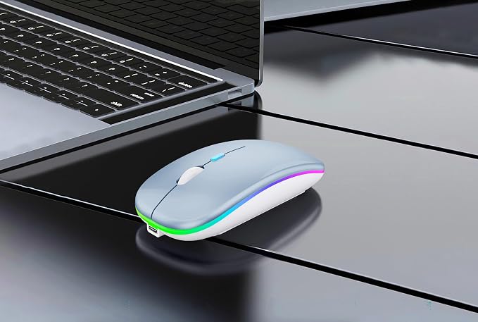WREANU Wireless Bluetooth Mouse Rechargeable Laptop Mice with LED Lights Silent Slim Use(BT5.2 and 2.4G Portable USB) Dual Mode Computer Mouse for Laptop/iPad/Tablet/Apple/Computer/Mac (Blue)