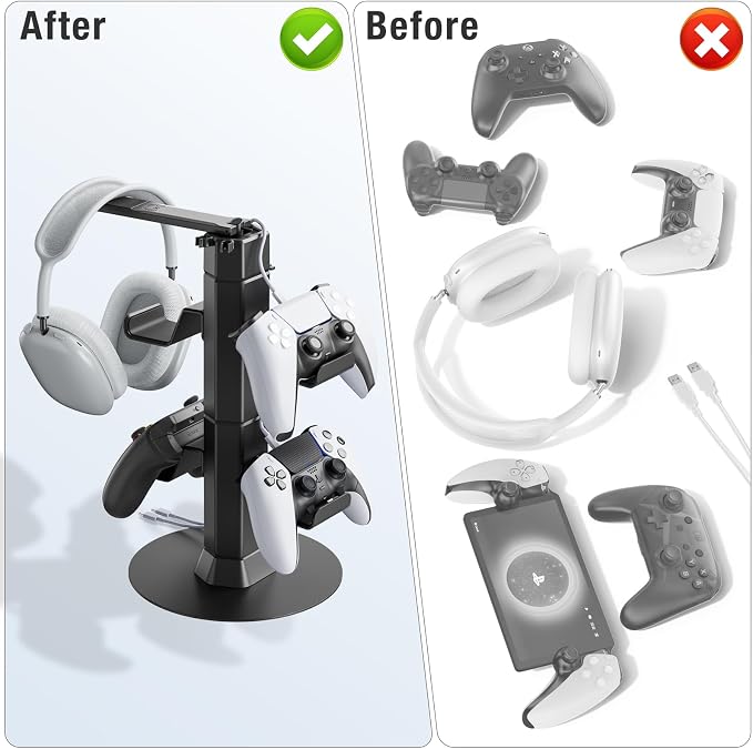 Gaming Controller & Headset Holder Stand for Desk, with Charger Cable Organizer Headphone Stand for PS5/ Xbox/ PS4/ Switch, Metal Base Controller Hook for Storage with 360° Rotatable Hanger- 2 Tiers