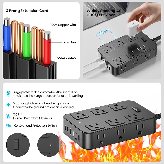 Flat Plug Power Strip Surge Protector with 12 AC Outlets 6 USB Ports 3 Side Multi Plug Outlet Extender 10 Ft Extension Cord for Home Office Kitchen Dorm Wall Desk Charging Station ETL Listed