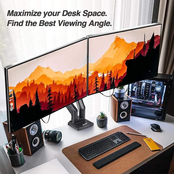 AVLT Dual Monitor Arm Desk Mount for 13"–43" Flat/Curved Screens with USB-A Pass-Through, Full Motion Height Adjustable Swivel Tilt Rotation VESA/C-Clamp/Grommet/Cable Management, Black