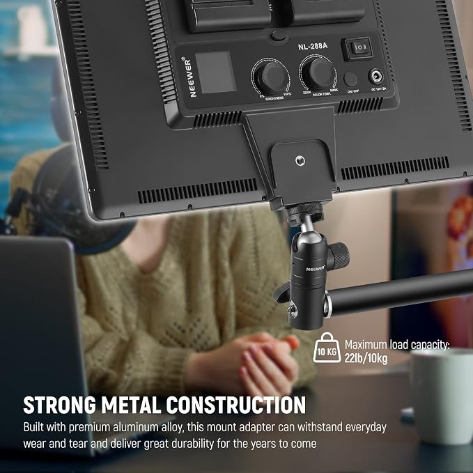 NEEWER Light Stand Mount Adapter with Cold Shoe and 1/4” Screw Mini Ball Head, Reversible Mounting Plate for Camera Monitor Ring Lights, Fits Flat Head/Boom arm/C Stands, Max. Load 22lb/10kg