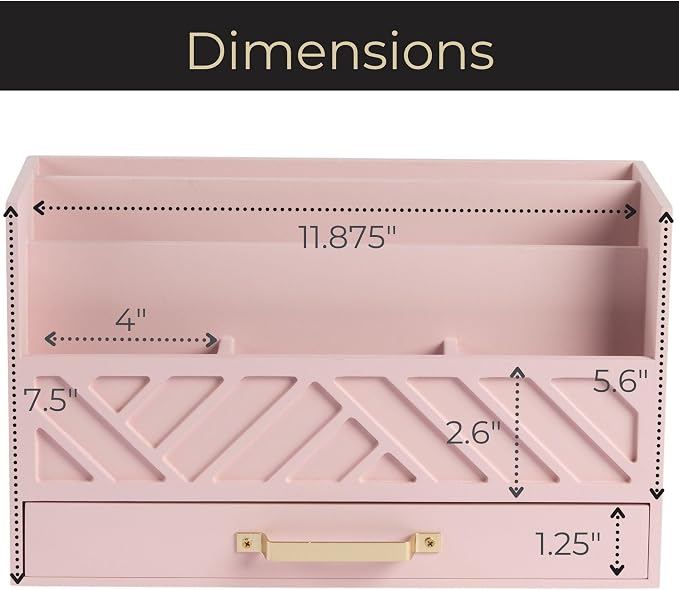 BLU MONACO | Pink Desk Organizers Wooden Mail Organizer with Drawer | Mail Sorter Organizer Countertop Gold Handle | Desk Organizers and Accessories Pink Office Storage