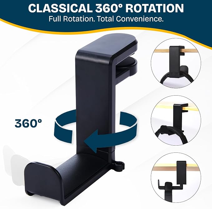 Headphone Stand for Desk - Clamp On Headset Holder with 360° Rotation & Cable Management - Universal Desktop Headphone Hanger Hook for All Headsets