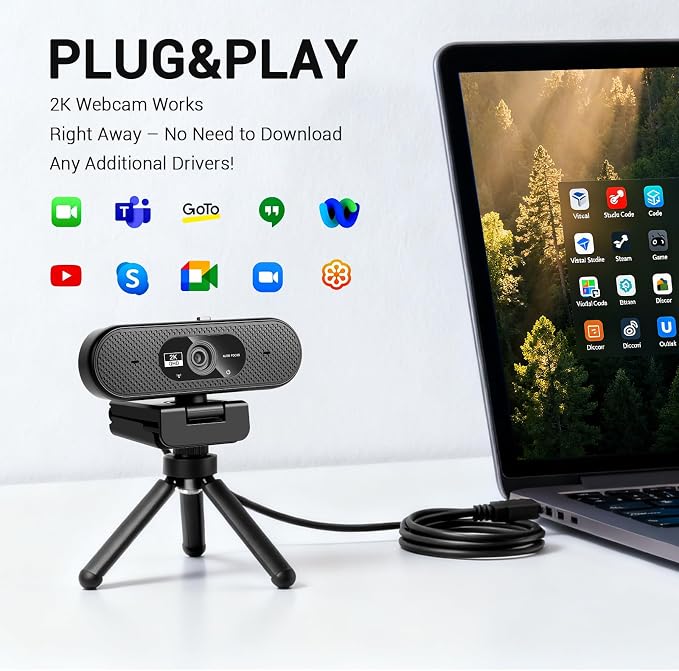 Hprosper 2K Webcam with Microphone, Automatic Light Correction & Privacy Cover, Wide Angle USB Camera for PC, Laptop, Mac, Zoom, Gaming, Streaming, Conference Room, Video Conferencing