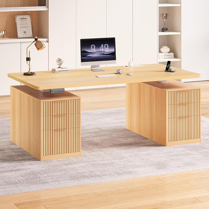 SEDETA Electric Standing Desk with 6 Drawers, 55" Adjustable Stand up Desk with Storage, Fluted Computer Desks with Power Outlets for Home Office, Oak