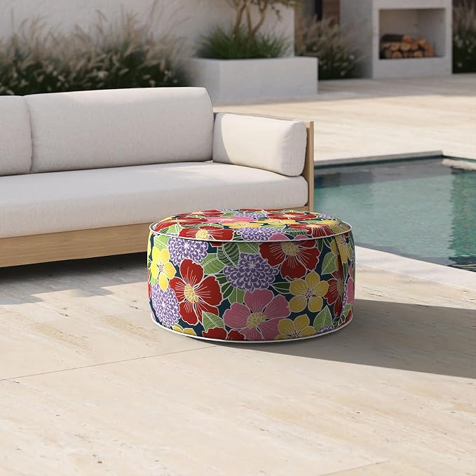 DYTXIII Inflatable Ottoman Stool D21 xH9 for Outdoor/Indoor Use, Water Repellent Patio Foot Rest with Portable Handle,Round Pouf Ottoman Suitable for Garden,Deck and Camping-Flower Bloom