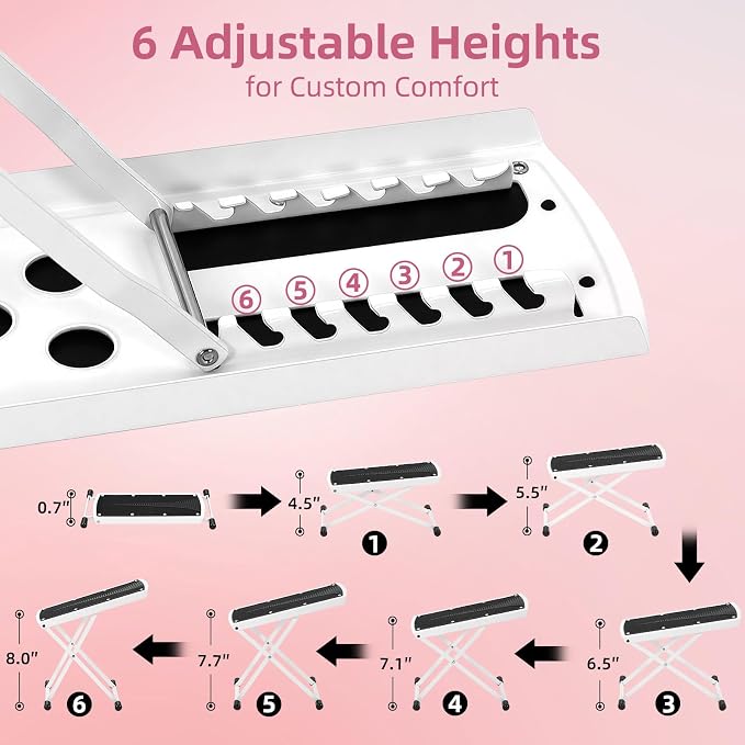 Pedicure Foot Rest, 6 Heights Adjustable Foot Stool, Upgraded Metal Foldable Non-Slip Stand for Home and Salon Use Pedicure Station, Ideal Pedi Stool for Nail Tech or Guitar Foot Stool White