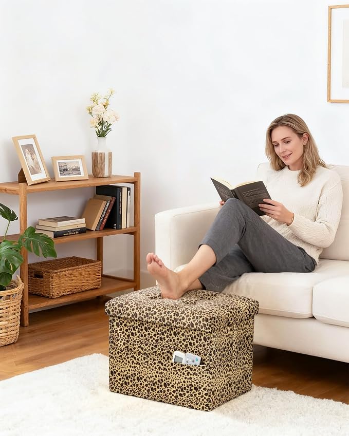Bsketa Storage Ottoman Foot Rest Stool, Small Velvet Storage Ottomans Bench, Folding Footstool with Side Pockets, Foot Rest Under Desk for Living Room Bedroom, 17x13x13 in, Leopard Print 2 Pack
