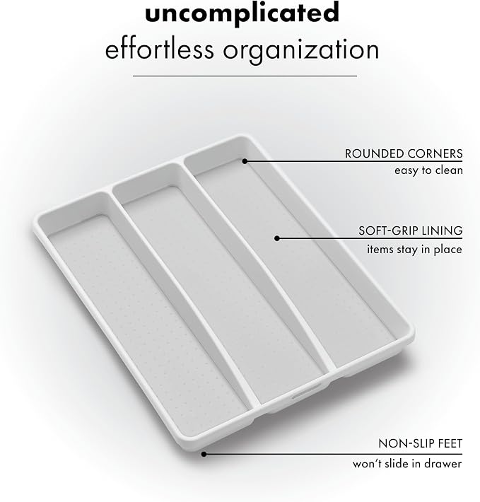madesmart 3 Compartment Utensil Tray, Multi Purpose Storage Organizer, Non Slip Lining,Deep Storage for Ladles, Whisks & Serving Tools, for Drawers & Home Organization, White (Pack of 3)