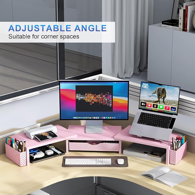 gianotter Dual Monitor Stand Riser, Desk Organizer With Drawer and 2 Pen Holders,Desk Organizers and Accessories, Pink Office Supplies (Pink)