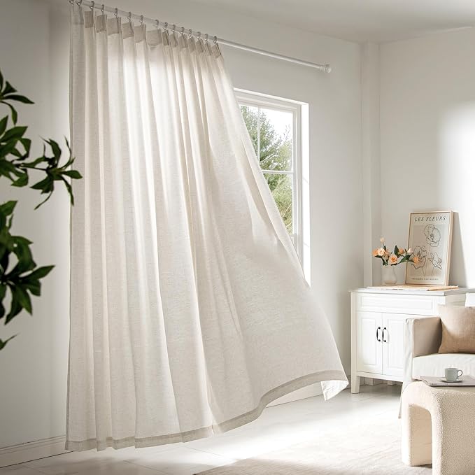 Memory Trained Pinch Pleated Curtains 102 Inches Long, Viral Linen Pinch Pleat Sheer Curtains with Ring Hooks&Clips for Track System Living Room, Beige Light Filtering Privacy Curtain 2 Panel Set