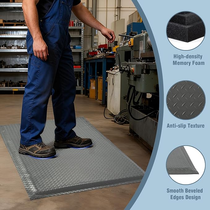 Anti Fatigue Mats Industrial 2' x 6' 15/16" Thick Ergonomic Standing Mat Commercial Kitchen Mat Heavy Duty Diamond Plate Shop Floor Mats Helps Relieve Back and Leg Soreness, Grey