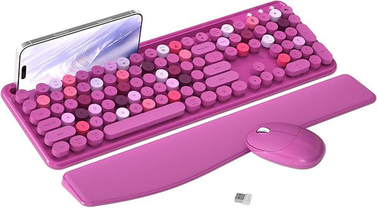 MPTOG Colorful Wireless Computer Keyboard and Mouse Combo with Phone Holder, Wrist Rest, Typewriter Keys, 2.4GHz Wireless, Full-Sized Optical Mouse for PC and Laptop (Rose-Red)