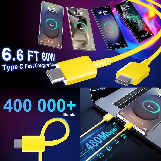 USB C Android Charger Fast Charging Cord, Super Fast Phone Chargers 6.6FT C to C Type Cable with 25W USBC Wall Block for Samsung Galaxy S26 S25 S24 Ultra Plus/S23/S22/S21/S20/Note 20/10, Yellow