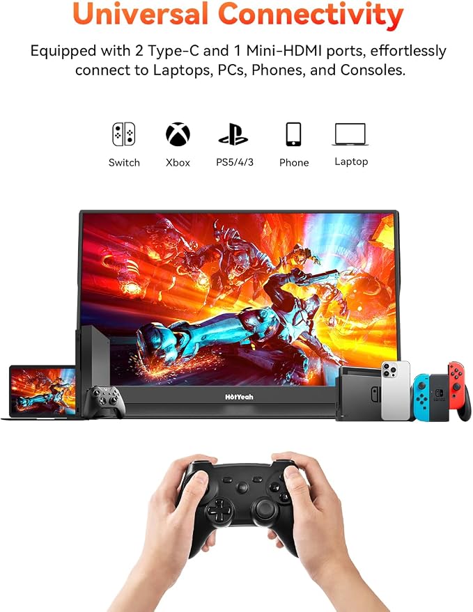 HotYeah Portable Travel Monitor, 16.1'' 144Hz 1080P FHD Portable Monitor, 106% sRGB HDR Display USB-C HDMI External Screen w/Smart Cover, 2nd Screen for Laptop, PC, Mac, Switch, PS5/4, Xbox