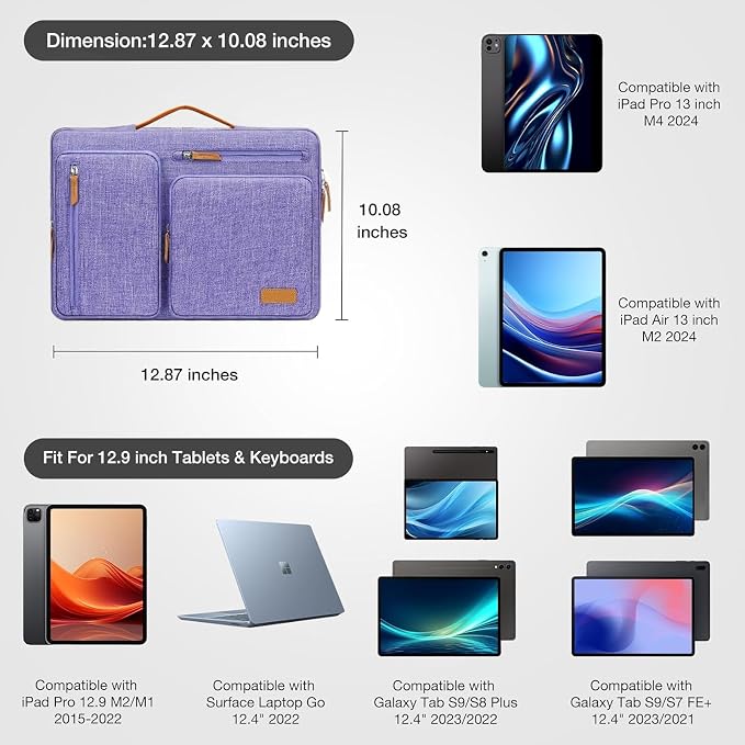 MOSISO 12.9 inch Tablet Sleeve Case for iPad Pro 13 M4 & iPad Air 13 M3 M2, iPad Pro 12.9 M2 M1 6/5th with Magic Keyboard&Smart Keyboard Folio, Side Open Carrying Bag with 4 Zipper Pockets, Purple