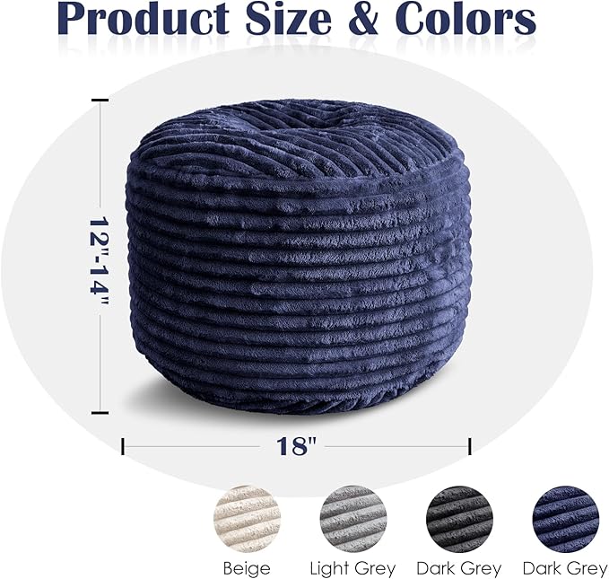 SHOUREN Stuffed Round Ottoman,Corduroy Pouf Ottoman Foot Rest with Foam Filling,Pouf Storage Ottoman Footstool for Living Room,18 X 14 Floor Poufs for Couch - 18 X 14 Inches,Navy