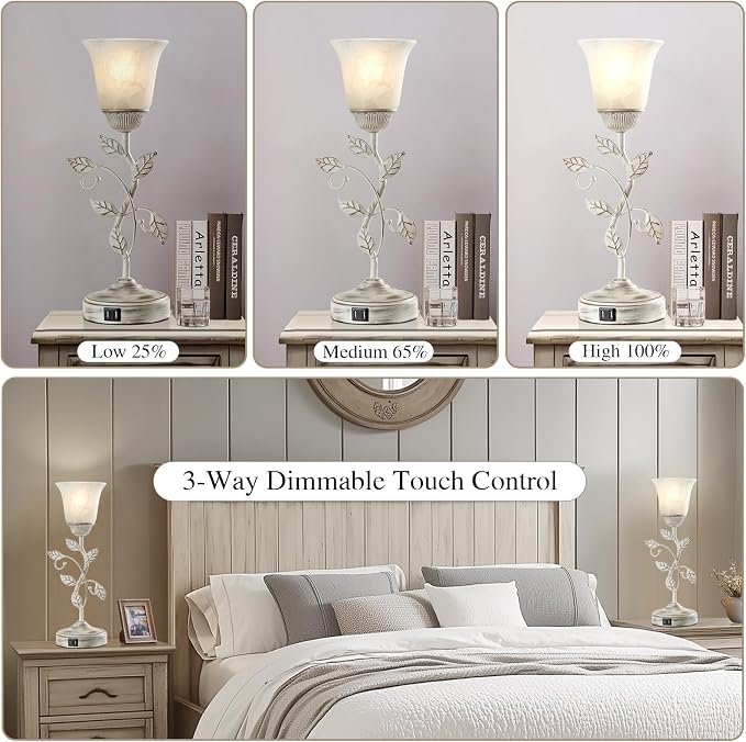 Set of 2 Rustic Touch Table Lamps for Bedroom, 3-Way Dimmable Nightstand Flower Lamp with 2 USB Ports, Retro White Glass Shade Leaf Lamp for Living Room Entryway, 2 LED Bulb Included