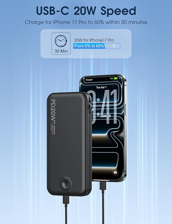 Portable Charger, 10000mAh PD20W Fast Charging Power Bank with Built-in Cables & Wall Plug, USB C Battery Phone Charger for iPhone