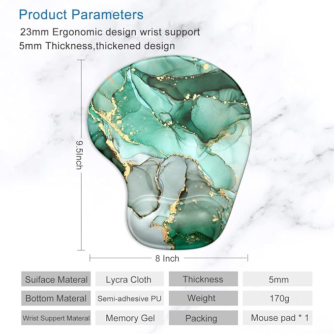 ITNRSIIET Ergonomic Mouse Pad with Gel Wrist Support Wrist Rest Smooth Surface Non-Slip PU Base Comfortable Office Supplies Pain Relief, 9.5 x 8 inches, Green Marble Texture