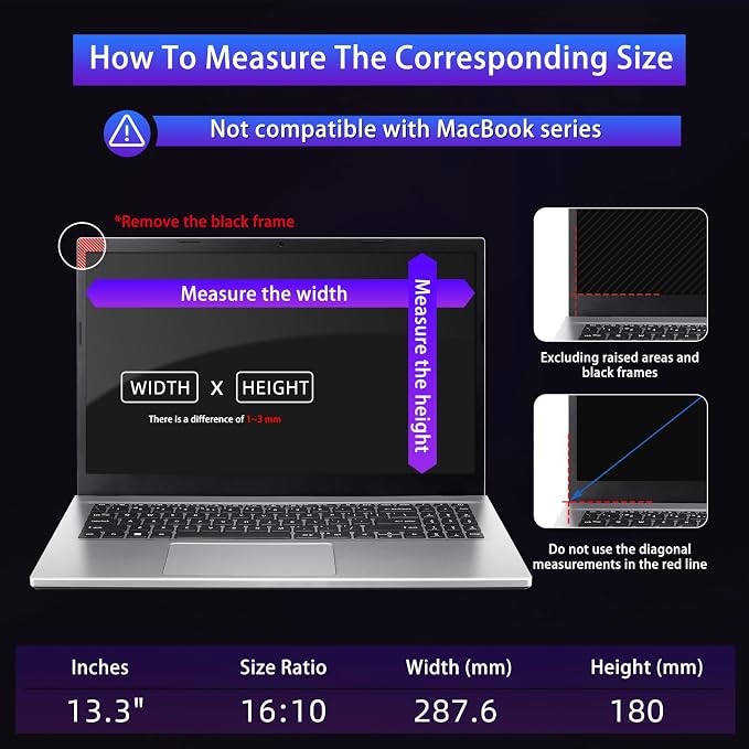 13.3" Privacy Screen Computer for 16:10 Aspect Ratio, 2-Sided Removable Anti-Peeping/Anti-Glare, Blue Light Block, UV Protect, Reduce Strain, Anti-Scratch, Fits 13.3-inch 16:10 Protector Film