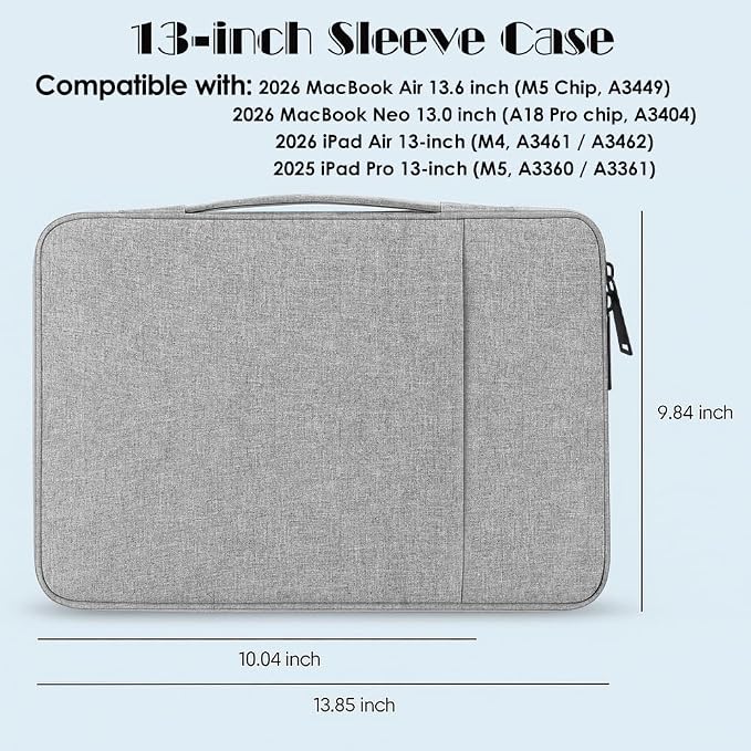 ProElife 13-Inch Laptop Sleeve Case for 2026-2024 MacBook Air 13.6 inch M5/M4 Chip & MacBook Neo 13'' A18 Pro/iPad Pro M5 13-inch Accessory Traveling Water-Resistant Bag Portable Carrying Case (Gray)