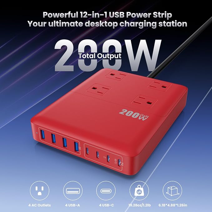 200W Charging Station,12-in-1 USB C Power Strip with Flat Plug and 5ft Extension Cord,4 AC Outlets,4 USB-A,4 USB-C Ports for iPhone 17/16/15,65W Fast Laptop Charger for MacBook,Home,Office(Vermilion)