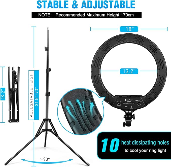 Ring Light 18 Inch LED Ringlight Kit with 73 inch Tripod Stand with Phone Holder Adjustable 3200-6000k Color Temperature Circle MUA Lighting for Camera for Vlog, Makeup,Youtobe, Video Shooting, Selfie