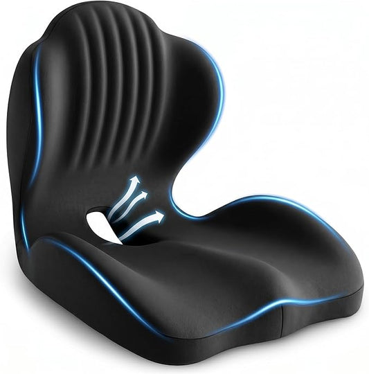 Ergonomic Office Chair Seat Cushion, L-Shaped Memory Foam Coccyx Cushion for Tailbone Pain Relief, Orthopedic Car Seat Cushion with Lumbar Support & Cutout Hollow for Sciatica & Back Pain (Black)