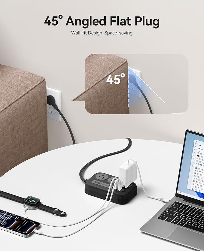 ORICO Surge Protector Power Strip, PD20W Multiple Outlets Extension Cord with 6 AC Outlets and 4 USB Charging Ports (2 USB-C), 45° Flat Plug, 10 Ft Mountable Outlet Extender for Home/Office/Dorm - OG