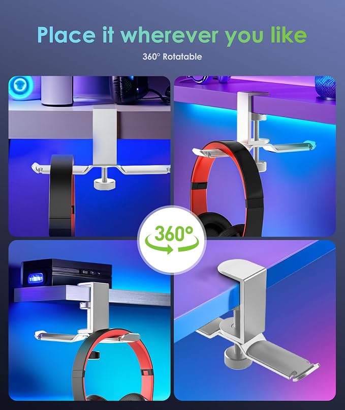 6amLifestyle Dual Rotatable Headphone Stand Hanger Under Desk Clamp Headphone Holder Aluminum, 11lb Load Capacity, Compatible with Universal Headphones, Silver 6A-13SV