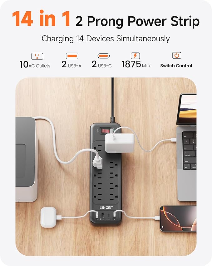 LENCENT 2 Prong Surge Protector Power Strip 1700J, Flat Plug 2 Prong to 3 Prong Outlet Adapter, 10 AC Outlets and 4 USB Ports, 6 Feet Extension Cord for Non-Grounded Outlets, Black, ETL Listed