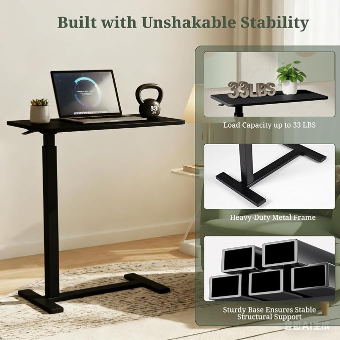 Mobile Standing Desk, Adjustable Height Desk with Hidden Casters, Portable Laptop Computer Table with Rolling Wheels, for Sit Stand Workstation, Compact and Sturdy for Home, Office, Dorm, Black