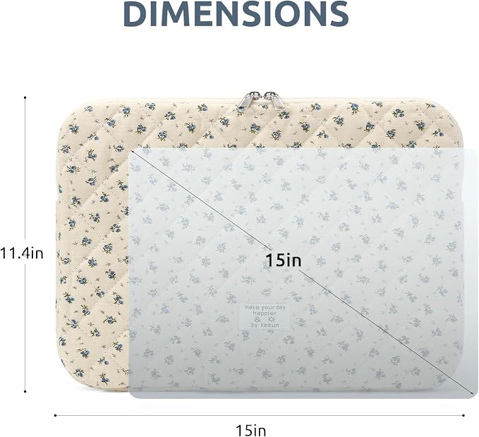 Puffy Laptop Sleeve 15-15.6 Inch Cute Quilted Laptop Protective Case Padded Floral Computer Sleeve for MacBook (A-Blue, 15 Inch)