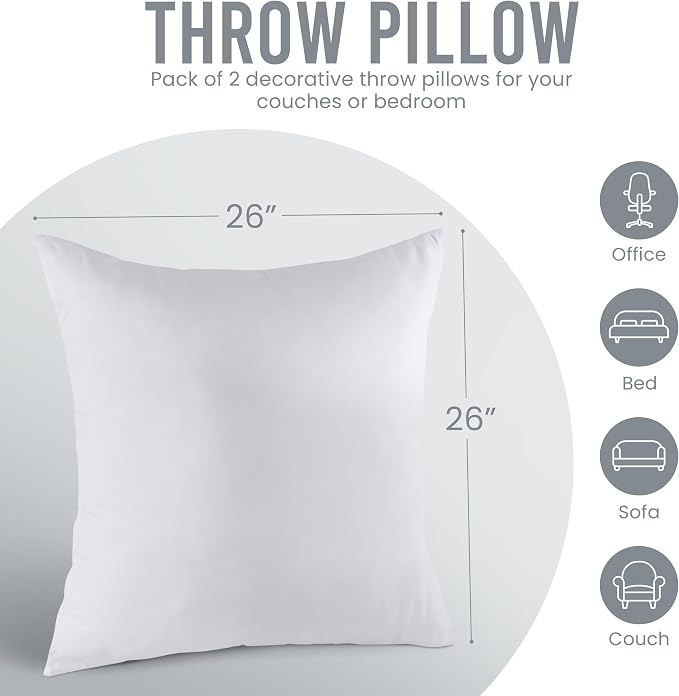 Utopia Bedding 26x26 Pillow Inserts, Set of 2, White – Indoor Decorative Throw Pillows for Bed, Sofa & Couch – Soft, Supportive & Fluffy Cushion Inserts