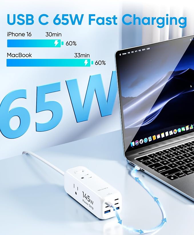 Olcorife 145W USB Power Strip, 5FT Flat Plug Extension Cord with 3 AC Outlets 6 USB Ports(4 USB C&2 USB A), 2000 Joules Surge Protector, Multiple USB Outlet Strip for Home Dorm Travel Essentials