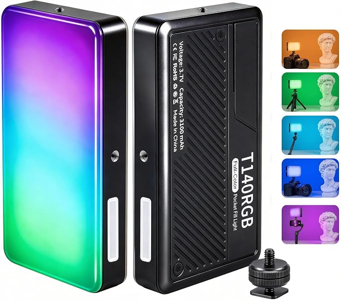 RGB Video Light, Portable Camera Light, 3100mAh with 1/4” Cold Shoe Adapter CRI95+ LED Fill Light, 0-359° Hue, 2500K-9000K CCT, 20 Effects, 140 LEDs for TikTok, Vlogging, Photography
